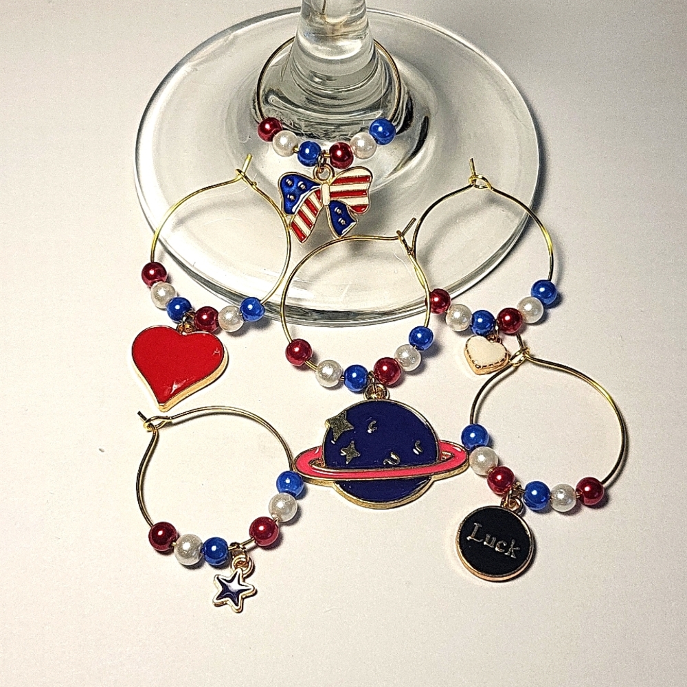 6 Beautiful Handmade Celebrate America USA 4th of July Crystal Wine Charms